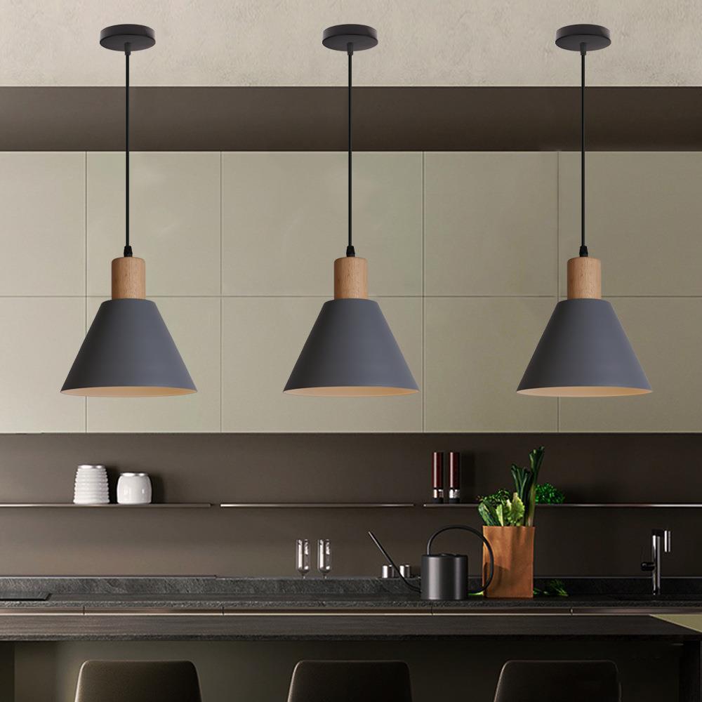 Vintage Iron Solid Wood Round Cone Pendant Light for Living Room