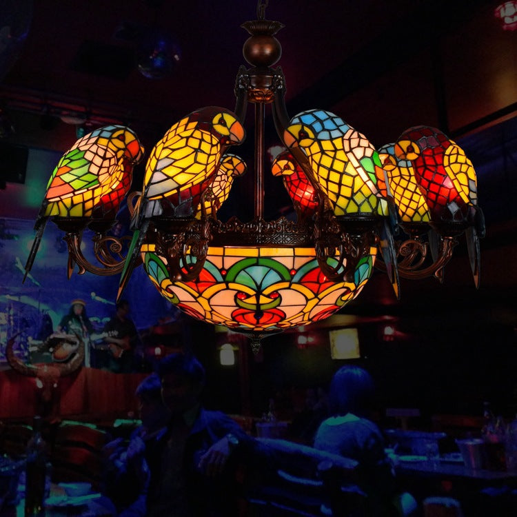 Traditional Tiffany Metal Glass Dome Parrot Chandelier 11-Light for Living Room
