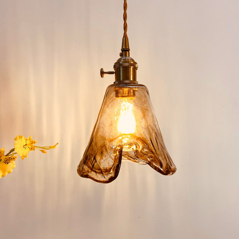 Vintage Amber Glass Brass Pendant Light 1-Light Ceiling Fixture
