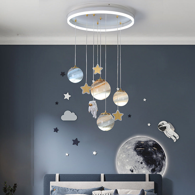Contemporary Scandinavian Space Planet Acrylic Glass Round Shade LED Kids Flush Mount Ceiling Light for Bedroom, Kids Lighting, Scandinavian Design, Space Theme Decor, Modern Flush Mount Light, Acrylic Ceiling Fixture, LED Kids Room Light, Playroom Lighti