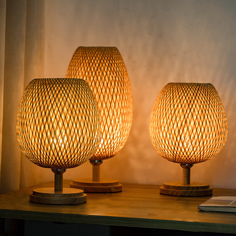 Traditional Chinese Moso Bamboo Wood Iron Weaving Oval Round 1-Light Table Lamp Bedroom Decor, Asian Style Bedside Lighting, Eco-Friendly Bamboo Lamp, Elegant Home Accent, Unique Lighting Design for Nightstand, Modern Chinese Decor, Artisanal Handmade Lam