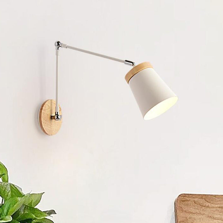 Contemporary Scandinavian Wood & Iron Cylinder Wall Sconce Lamp for Bedroom