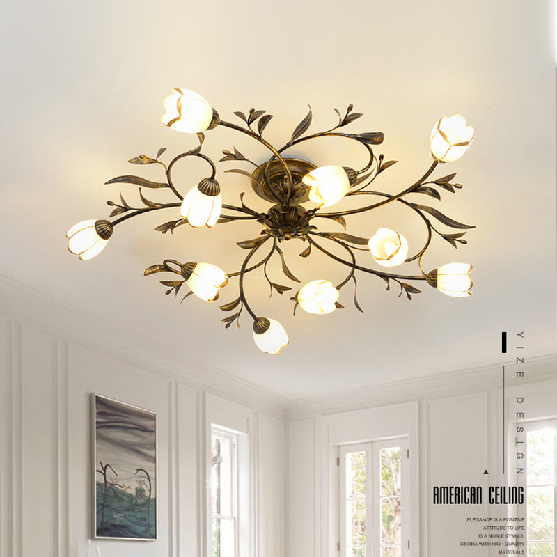 Traditional French Flower Shaped Iron Glass Semi-Flush Mount Ceiling Light for Bedroom - 4/6/8/10/12 Lights
