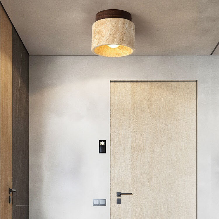 Japanese Minimalist Round Yellow Travertine 1-Light Semi-Flush Mount Ceiling Light