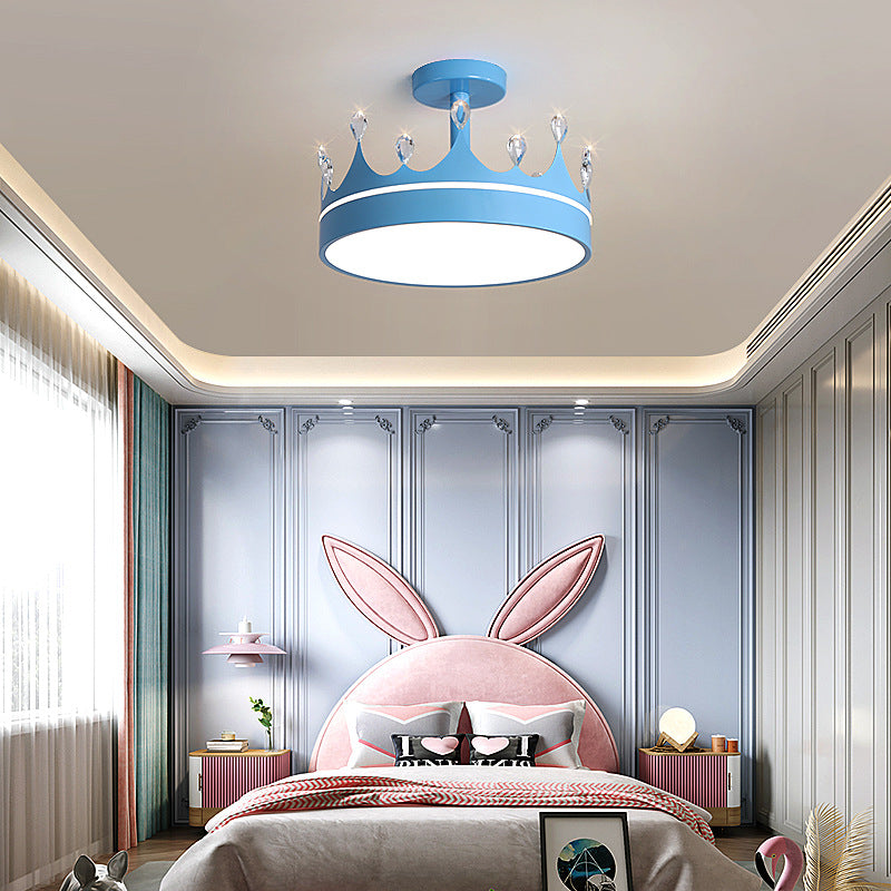 Contemporary Creative Cartoon Crown LED Kids Semi-Flush Mount Ceiling Light for Bedroom, Cute Nursery Lighting Fixture, Stylish Children's Room Decor, Energy-Efficient LED Ceiling Lamp, Modern Crown Design, Fun and Playful Kids Lighting, Bright and Cheerf