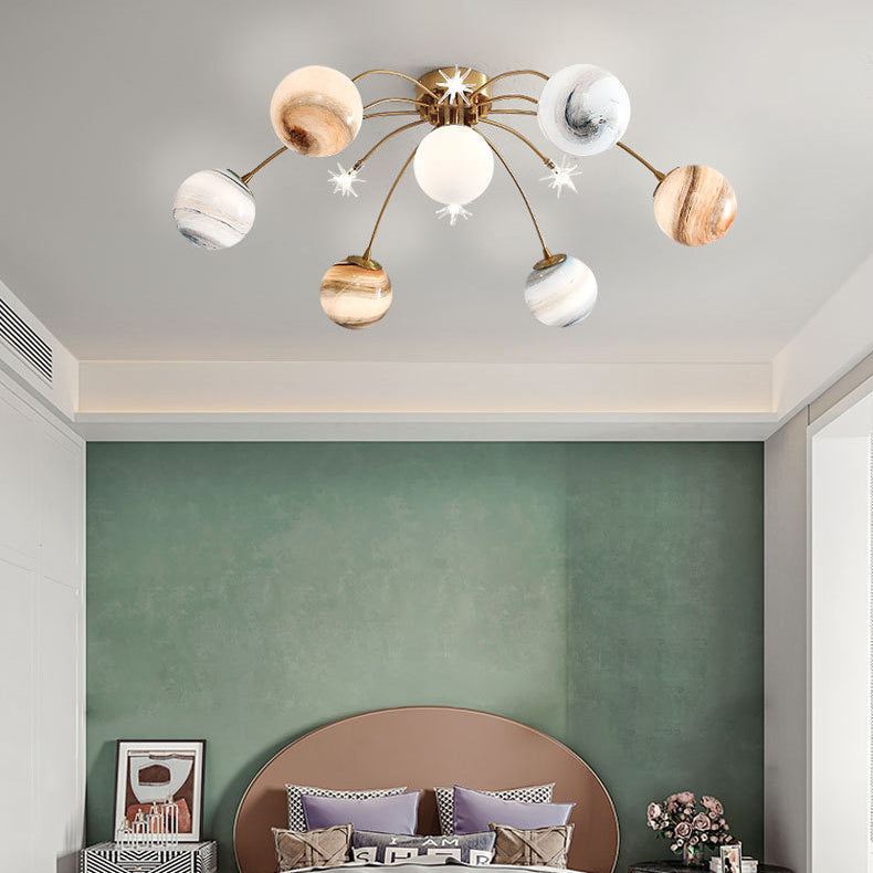Contemporary Starry Sky 13-Light Semi-Flush Mount Ceiling Light for Bedroom, Iron and Glass Fixture, Modern Moon Design, Elegant Home Lighting