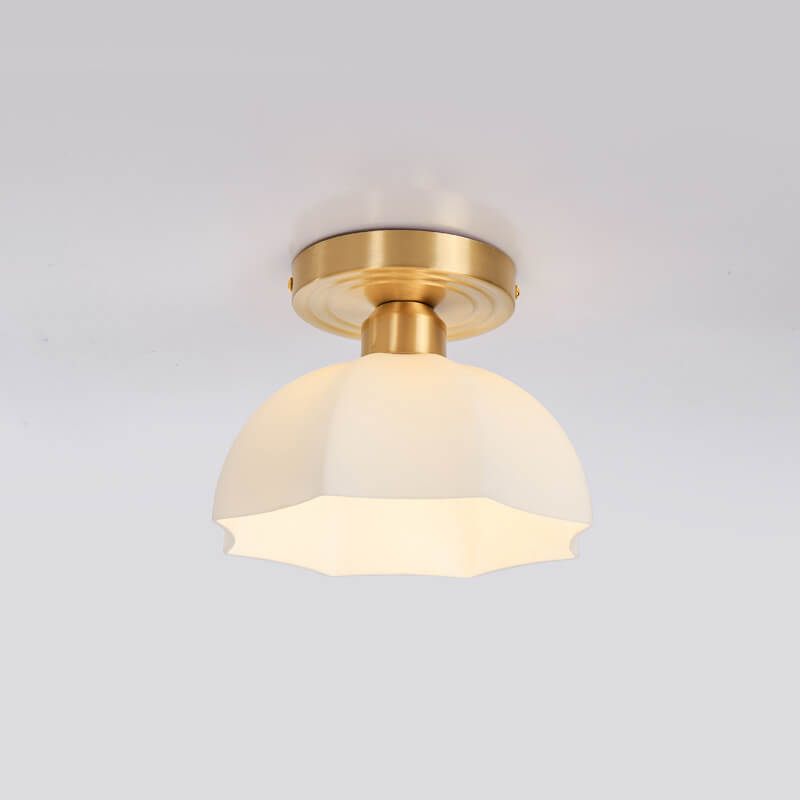 Japanese Vintage Brass Glass Dome Semi-Flush Mount Ceiling Light