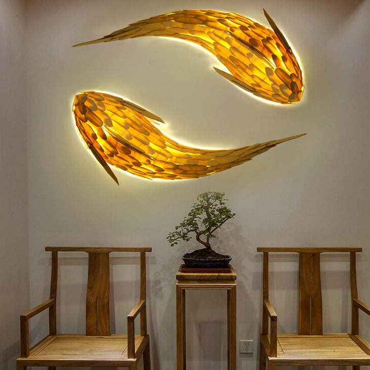 Modern Decorative Carp Linden Wood 2-Light Wall Sconce Lamp