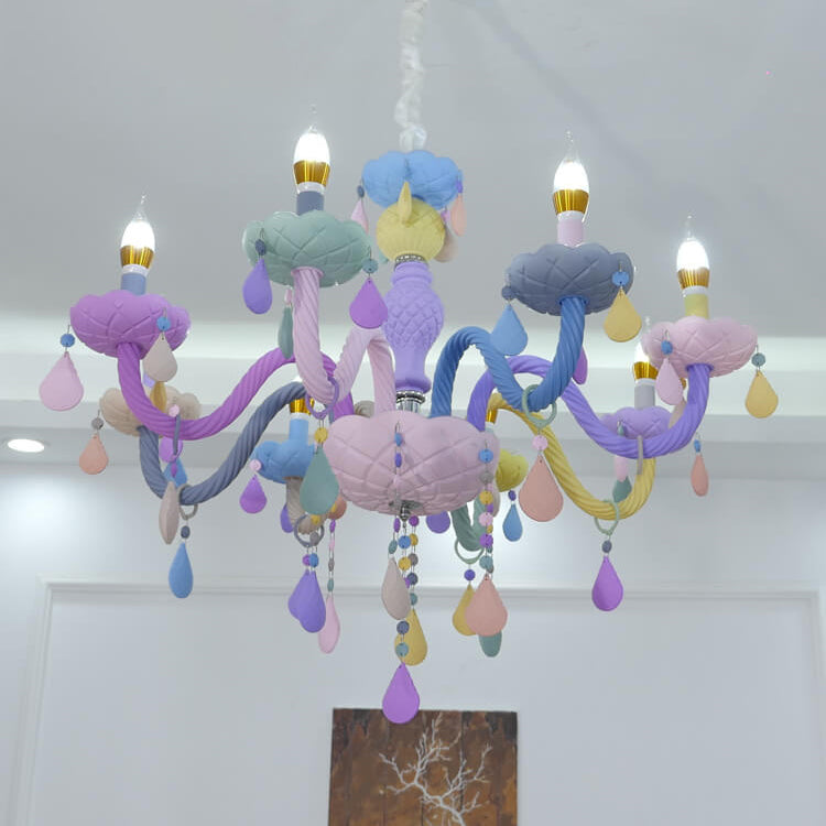 Modern Children's Princess Macaroon Candelabra Crystal Glass Chandelier 5/6/8/10/12/15 Light Fixture Elegant Decorative Lighting for Kids Room, Nursery, Playroom, Birthday Parties, Home Decor, Glamorous Princess Theme, Adjustable Hanging, Twinkling Illumi