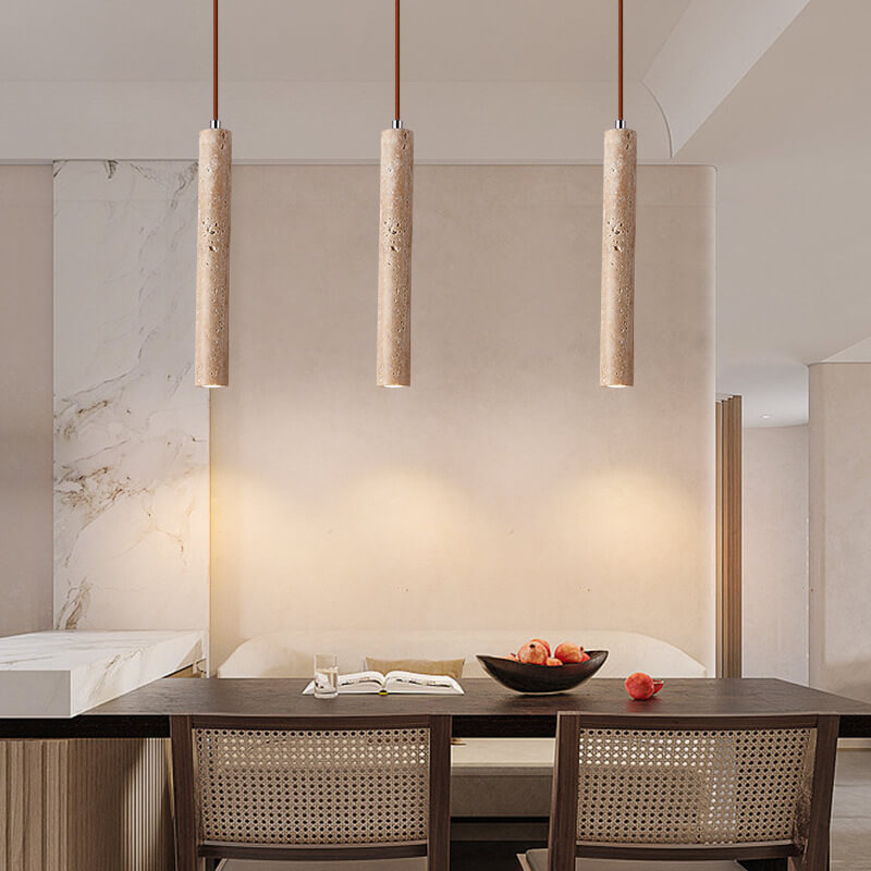 Japanese Wabi Sabi Yellow Travertine Pendant Light | 1-Light Cylinder Design