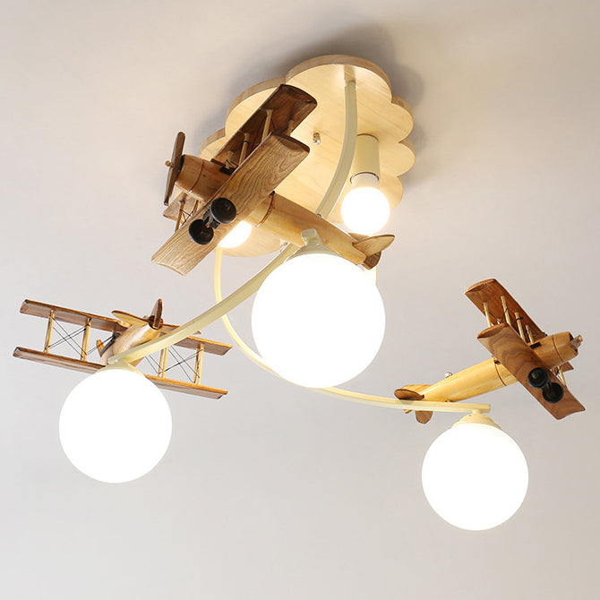 Contemporary Nordic Kids Iron Rubber Wood Glass Plane Cloud Ball 6-Light Flush Mount Ceiling Light for Bedroom, Modern Children's Lighting Fixture, Stylish Nursery Decor, Unique Playroom Illumination, Scandinavian Style Ceiling Lamp, Kid-Friendly Room Lig