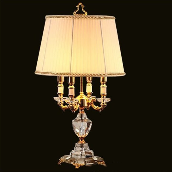 European Luxury Fabric Candle Holder Crystal Base 4-Light Table Lamp
