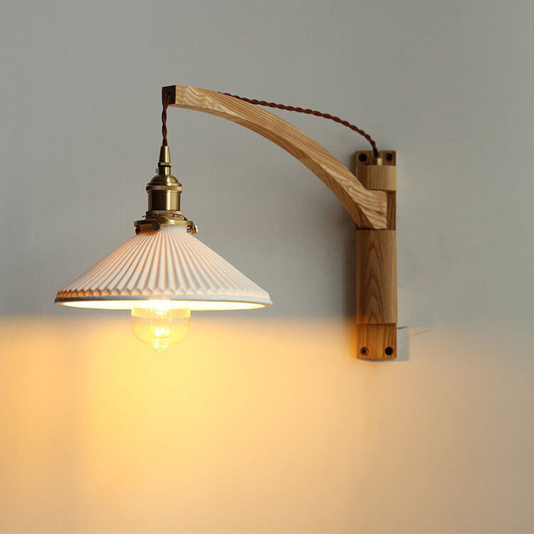 Nordic White Striped Glass Walnut Retractable Wall Sconce Lamp 1-Light