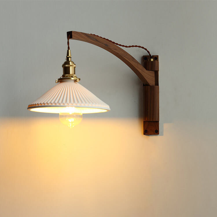 Nordic White Striped Glass Walnut Retractable Wall Sconce Lamp 1-Light