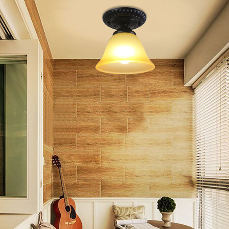 Contemporary Retro Floral Semi-Flush Mount Ceiling Light - Bell Round Iron & Glass for Hallway