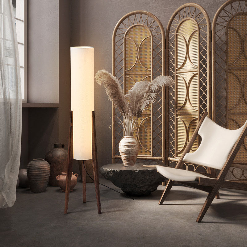 Traditional Chinese Fabric Floor Lamp with Wood Tripod for Study Lighting