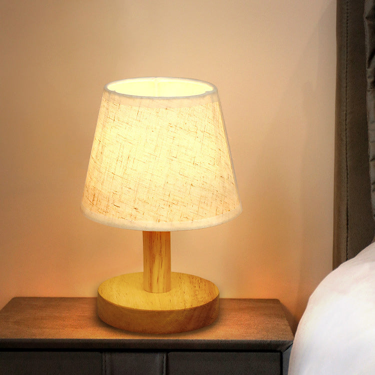Contemporary Nordic Round Wood Fabric LED Table Lamp Bedroom Modern Lighting Decorative Nightstand Lamp Stylish Home Decor Desk Light Warm White Soft Illumination Eco-Friendly DesignEnergy-Saving Bedroom Accent Lighting