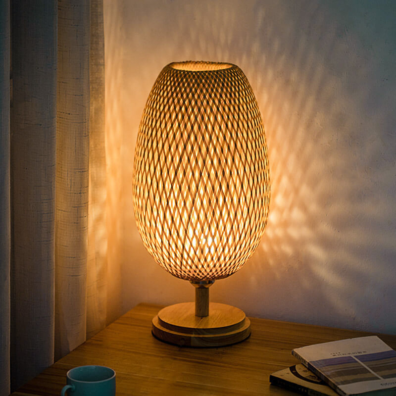 Traditional Chinese Moso Bamboo Wood Iron Weaving Oval Round 1-Light Table Lamp Bedroom Decor, Asian Style Bedside Lighting, Eco-Friendly Bamboo Lamp, Elegant Home Accent, Unique Lighting Design for Nightstand, Modern Chinese Decor, Artisanal Handmade Lam