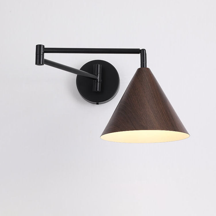 Contemporary Nordic Cone Swing Arm Wall Sconce Lamp - Wood Grain Iron 1-Light for Bedroom