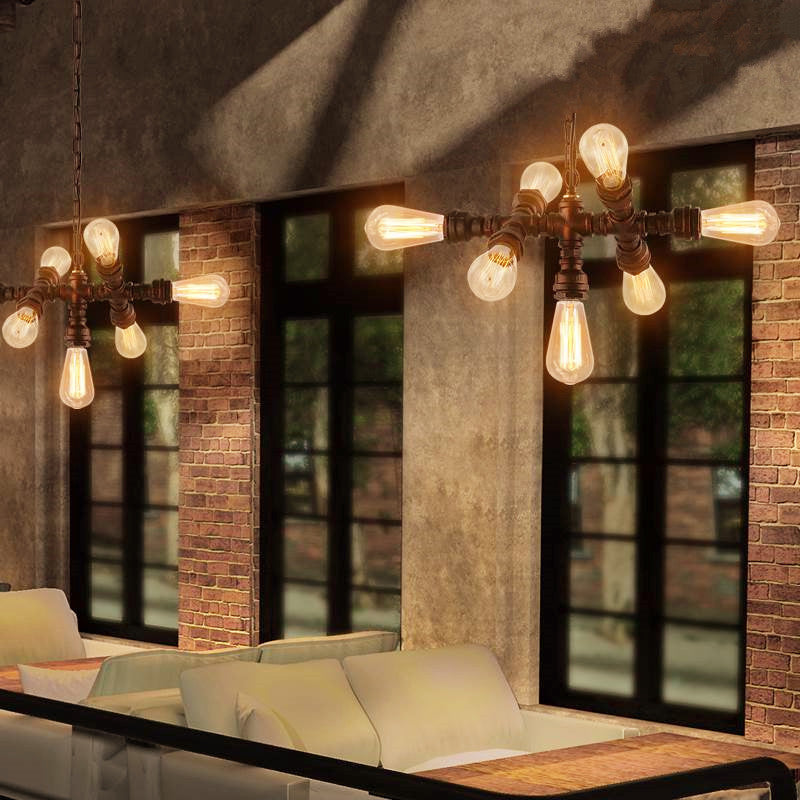 Industrial Iron Water Pipe 7-Light Chandelier - Vintage Lighting Fixture for Home Decor, Rustic Ceiling Pendant, Loft Style Illumination, Retro Designers Light