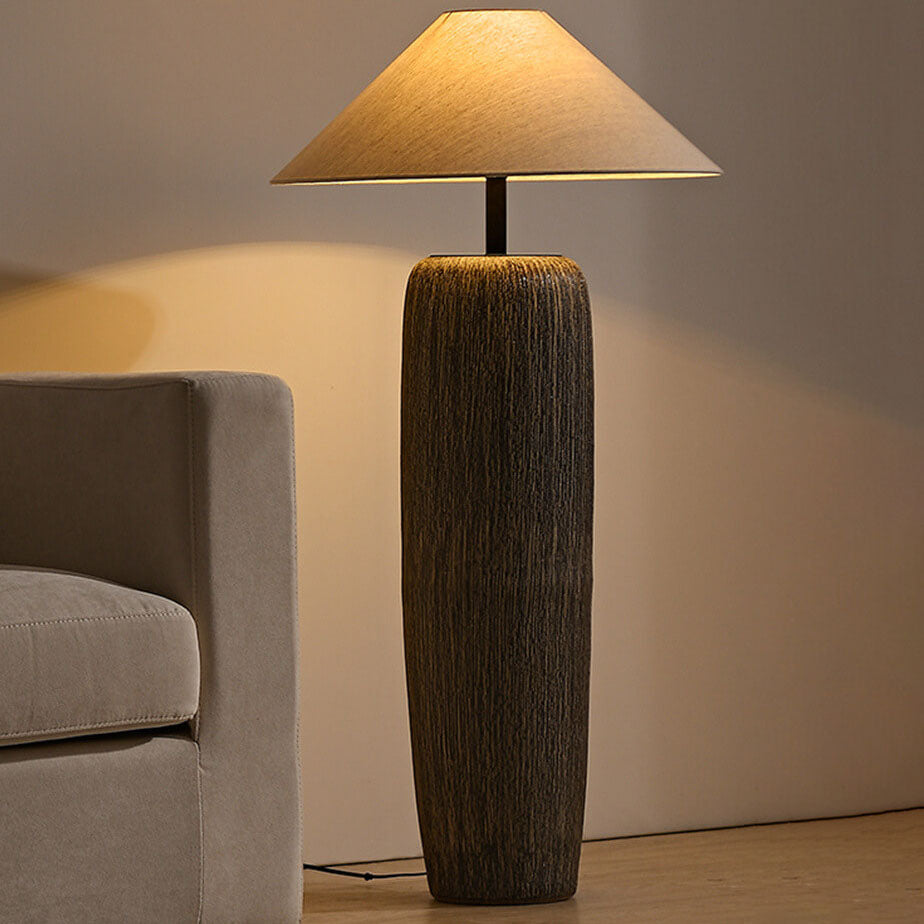 Japanese Wabi-Sabi Ceramic Column Base Floor Lamp - 1-Light Fabric Shade