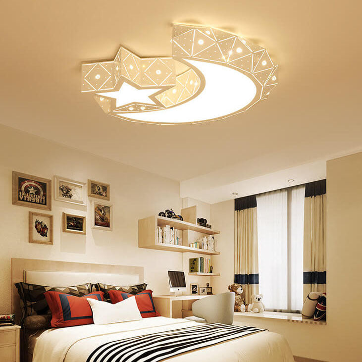 Modern Star Moon Geometric Iron LED Kids Flush Mount Ceiling Light, Baby Room Lighting Fixture, Nursery Ceiling Lamp, Boys Girls Bedroom Decor, Astronaut Space Theme Light, Energy-Efficient Kids Room Illumination, Stylish Flush Mount Design for Children's