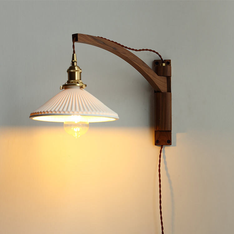 Nordic Milk White Striped Glass Walnut Retractable Wall Sconce Lamp - 1-Light Decor