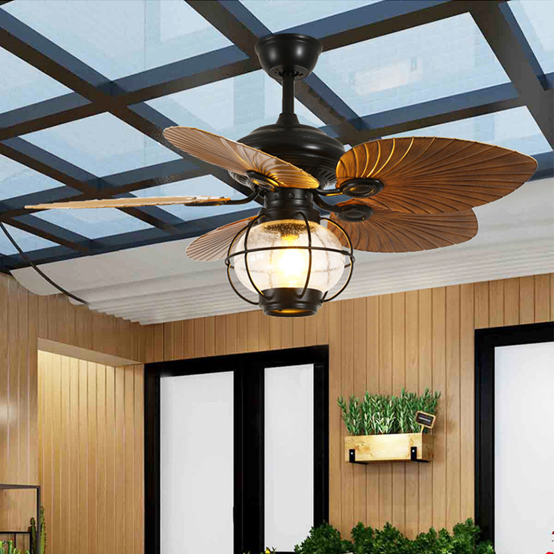 Traditional Rustic Lantern Ceiling Fan Light - Banana Shaped Iron & Glass 1-Light, Downrod Style for Living Room