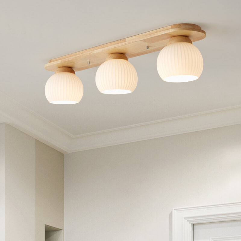 Traditional Japanese Striped Glass Wood Long Plate Flush Mount Ceiling Light