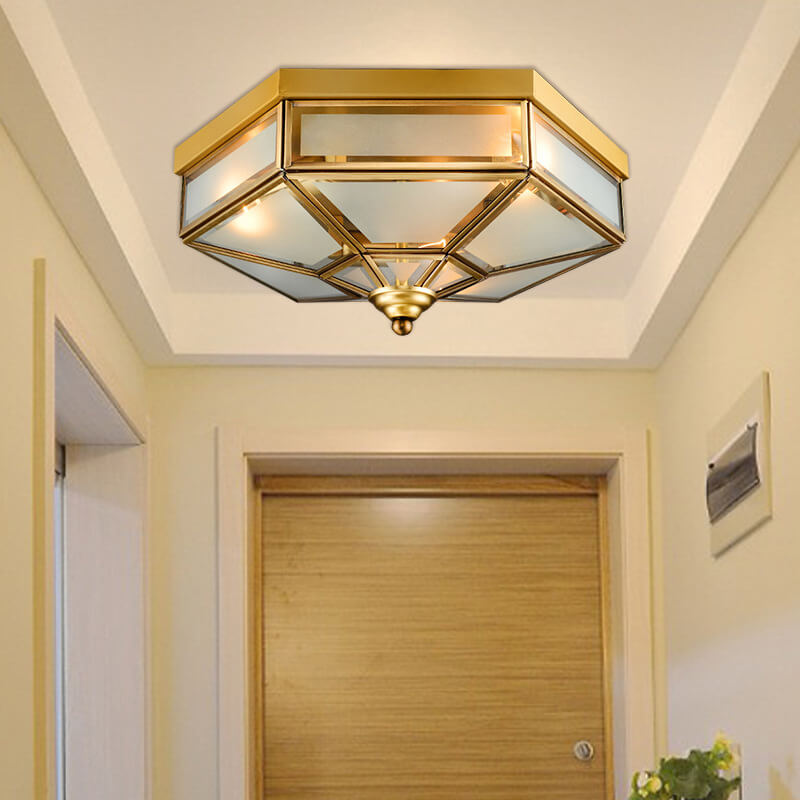 Traditional European Copper Glass Flush Mount Ceiling Light 3/4 Light for Living Room