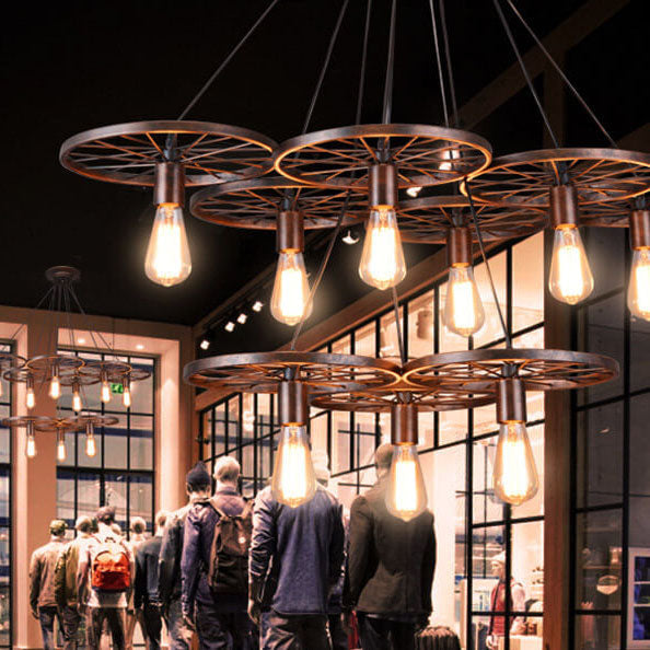 Industrial Wrought Iron Wheels Chandelier - 1/3/6 Light Vintage Lighting Fixture

Elevate your space with this stunning industrial chandelier featuring wrought iron wheels. Perfect for dining rooms, living areas, or entryways, this versatile fixture is av
