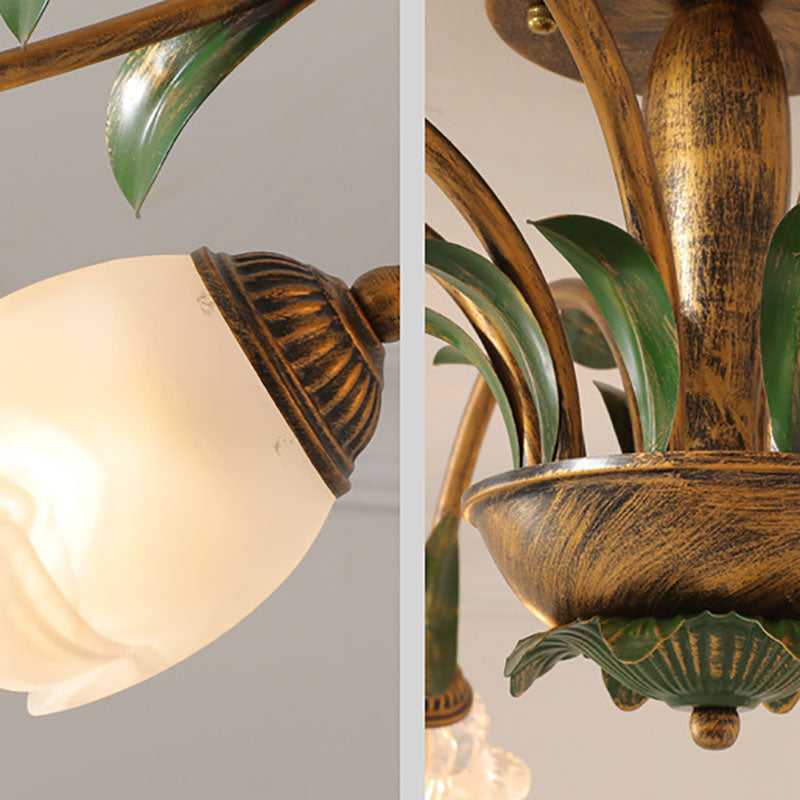 Traditional Rustic Floral Iron Glass Semi-Flush Mount Ceiling Light for Living Room - 6/8/10 Light Options