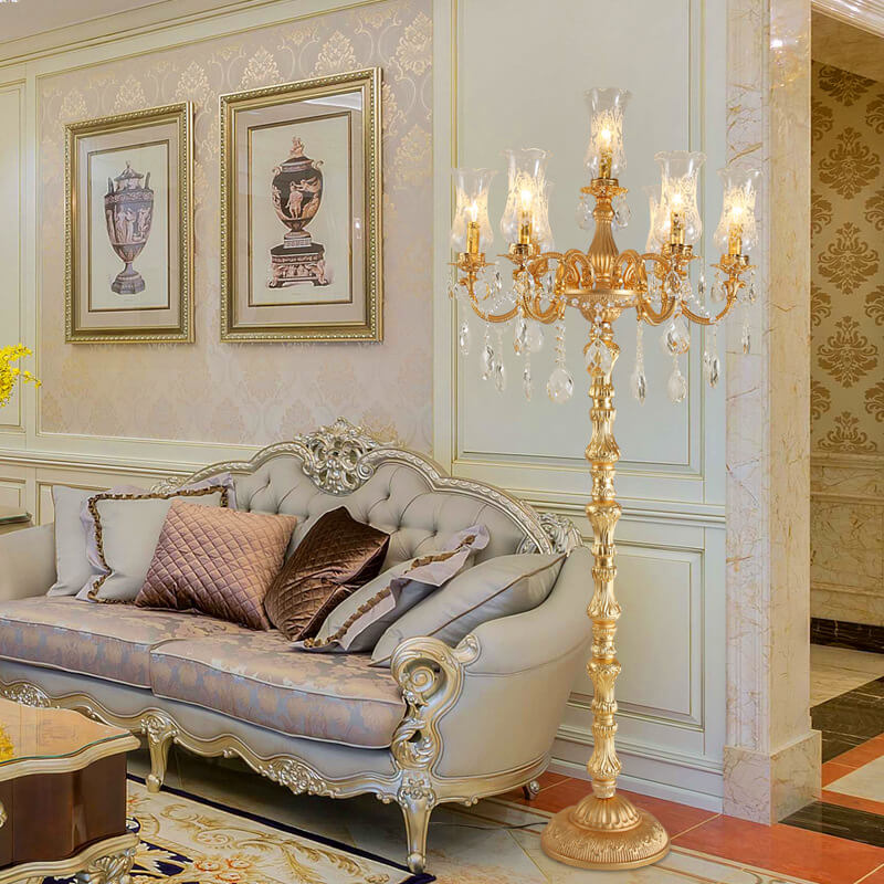 Luxury Golden Crystal Zinc Alloy 7-Light Floor Lamp for Bedroom