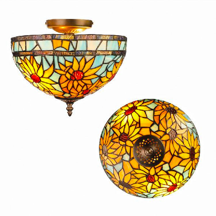 Traditional Tiffany Dome Sunflower Iron Glass Semi-Flush Mount Light - 2-Light Fixture for Hallway