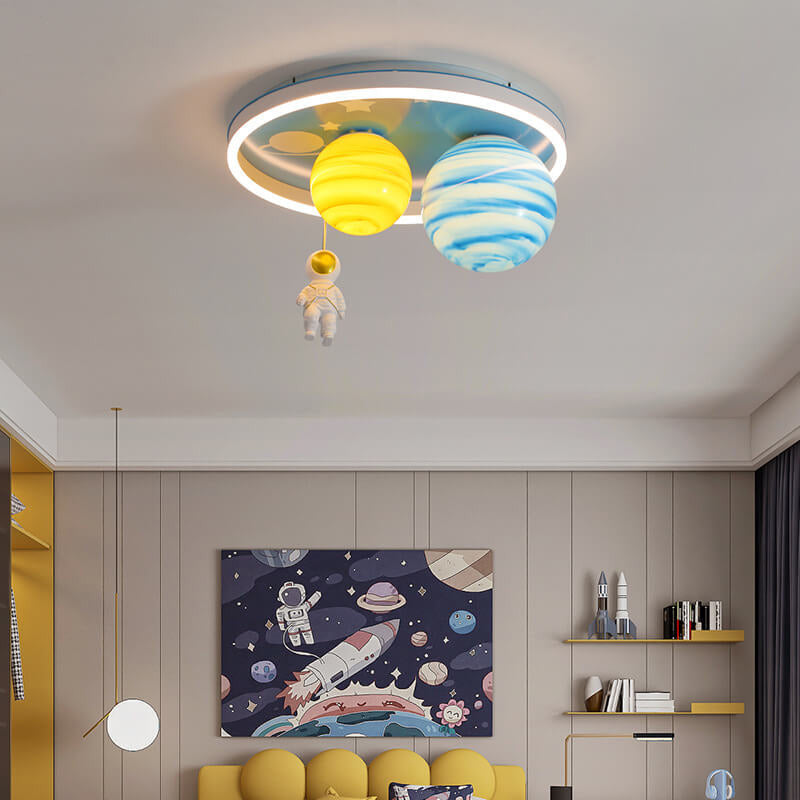 Astronaut Planet Round Kids Flush Mount Ceiling Light - Space Themed Nursery Lighting, Outer Space Decor, Children's Bedroom Fixtures, Astronaut Design Ceiling Lamp, Kids Room Lighting Fixture, Galaxy Ceiling Light for Boys and Girls, Starry Sky Indoor Il