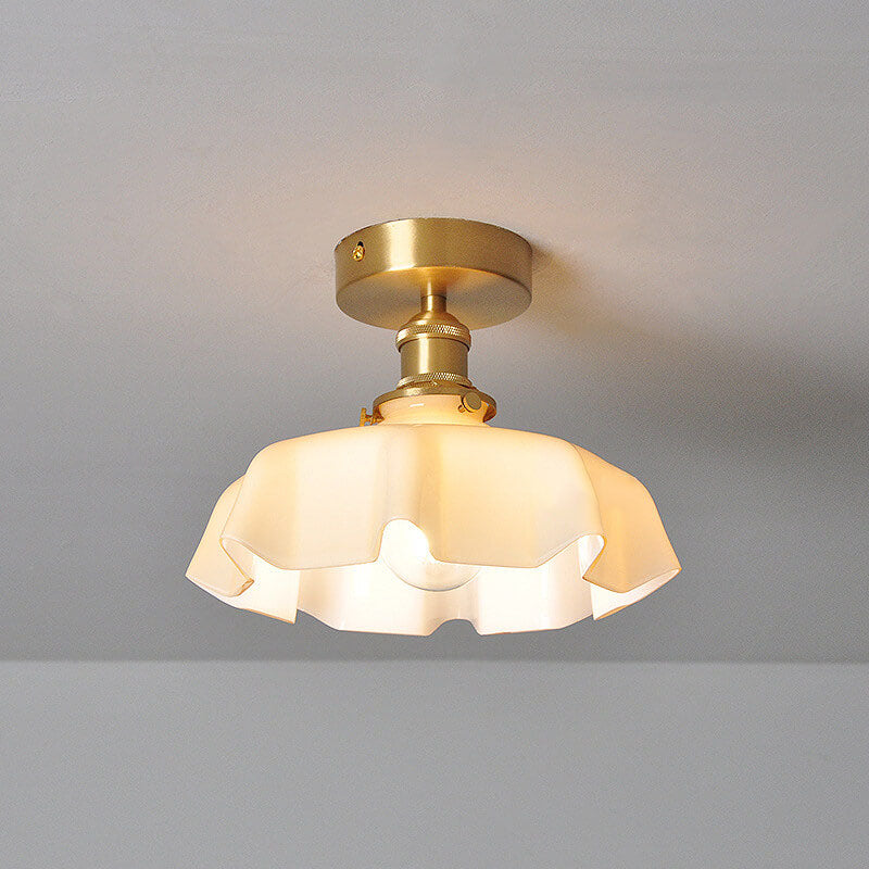 Japanese Vintage Cream Glass Floral Brass Semi-Flush Mount Ceiling Light