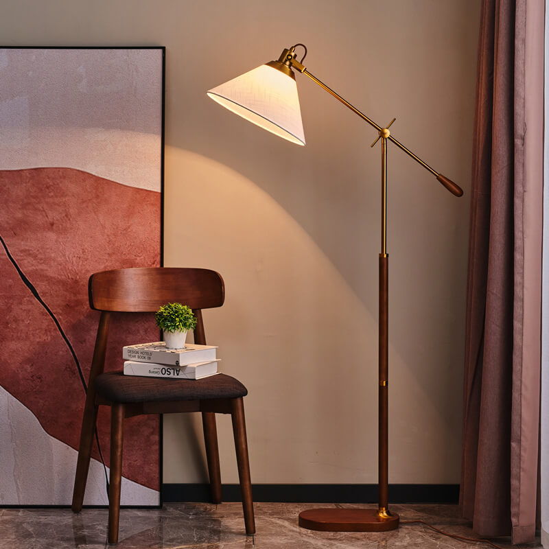 Vintage Fabric Cone Floor Lamp, Metal and Ash Wood, 1-Light for Bedroom