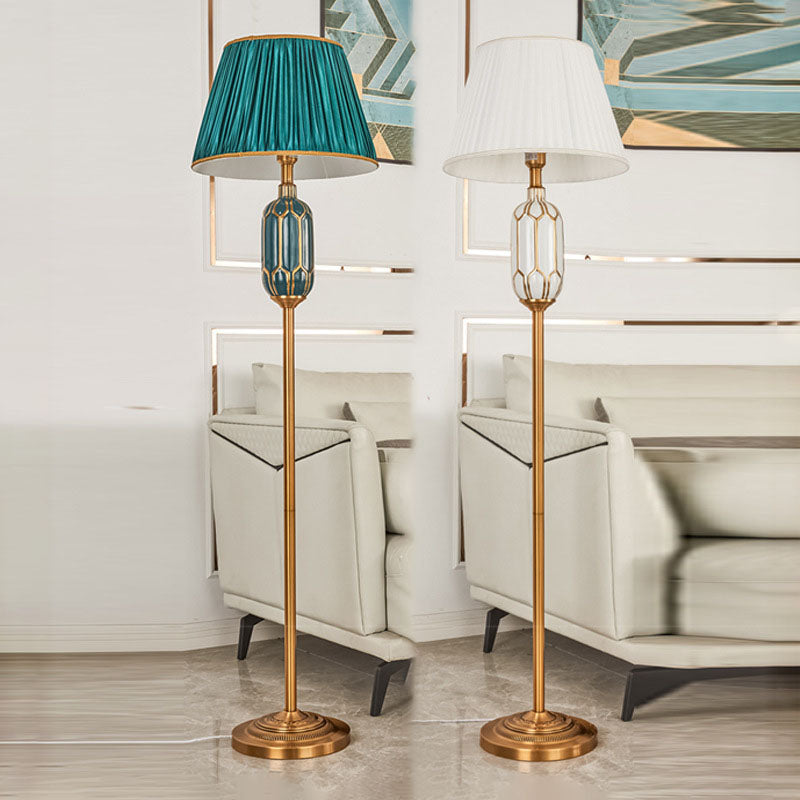 Vintage European Pleated Fabric Shade Floor Lamp with Ceramic Base 1-Light