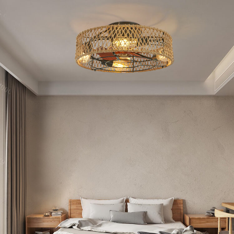 Rustic Round Drum Semi-Flush Mount Ceiling Fan Light - 4-Light Iron & Hemp Rope Fixture for Bedroom