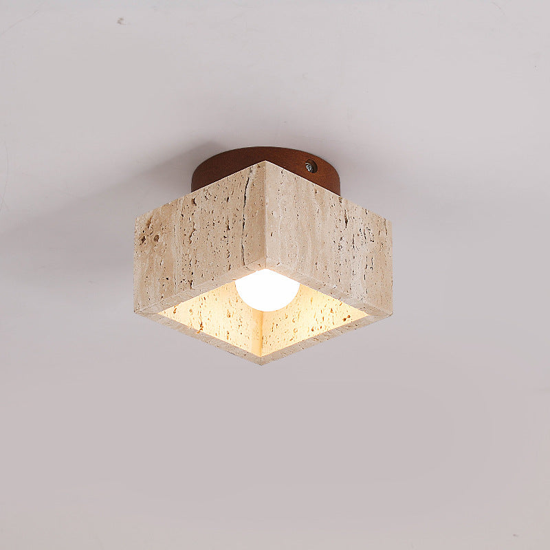 Japanese Wabi-Sabi Yellow Travertine Column Wood Semi-Flush Mount Light