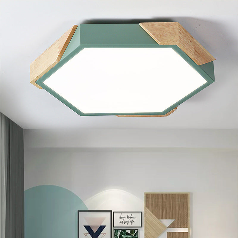 Contemporary Scandinavian Hexagonal Iron Wood Macaron LED Flush Mount Ceiling Light for Bedroom