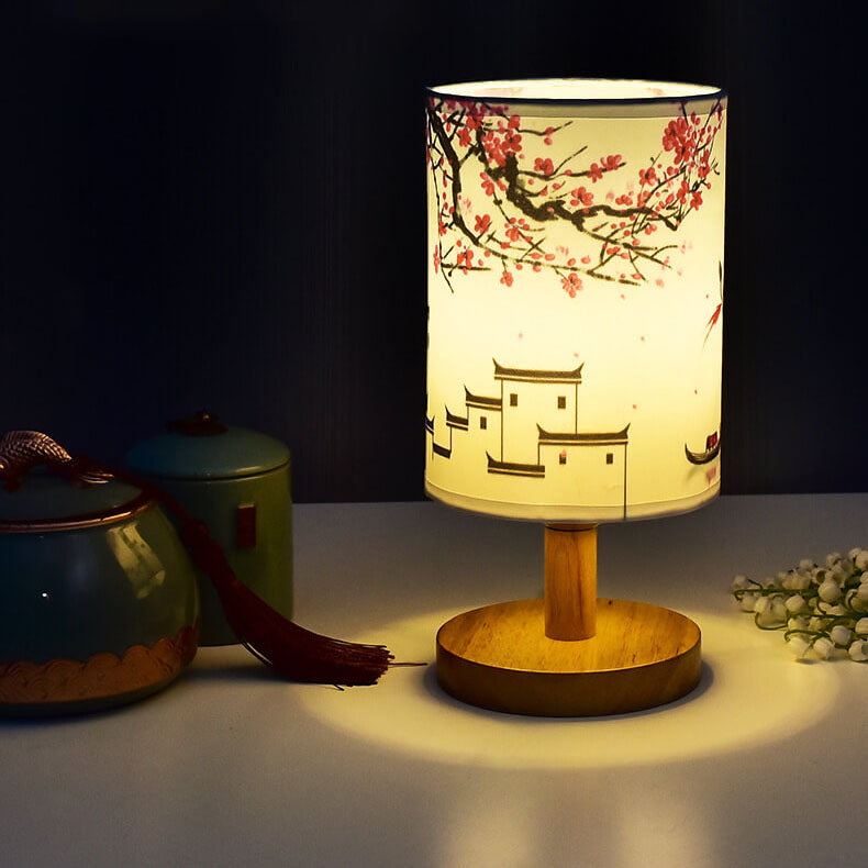 Modern Minimalist LED Table Lamp, Fabric Column Landscape Design, Wood Base Lighting, Contemporary Home Decor, Stylish Nightstand Lamp, Energy-Efficient LED, Living Room Accent Light, Bedroom Illumination, Unique Design Lamps, Eco-Friendly Lighting Soluti