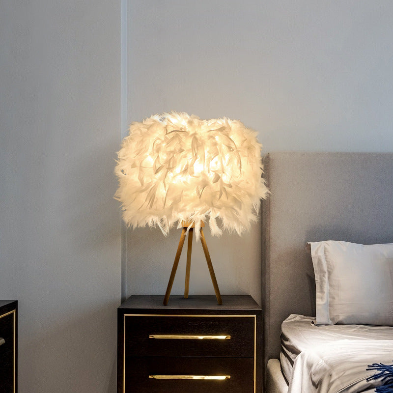 Modern Art Deco Feather Wood Table Lamp - 1-Light Cylinder Design for Bedside