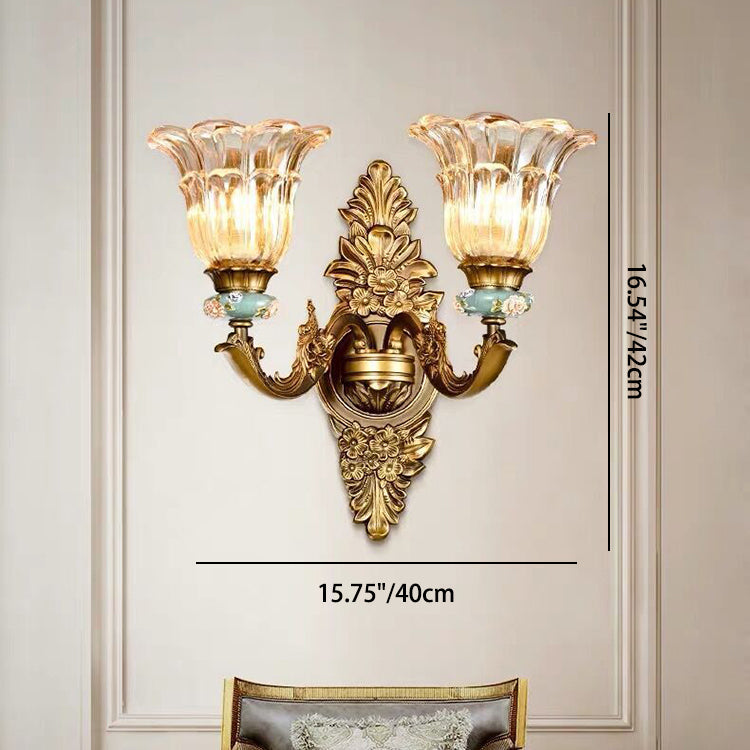 Traditional European Resin Zinc Alloy Glass Flower Wall Sconce for Living Room