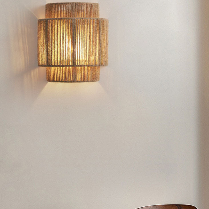 Traditional Japanese Rope Woven Curved Wall Sconce Lamp - 1-Light Design for Living Room Decor