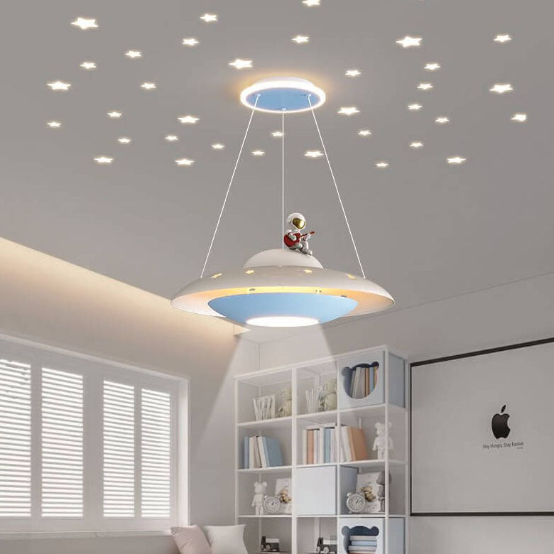 Modern Creative Flying Saucer Space Astronaut Children LED Chandelier Lighting Fixture for Kids Room Bedroom Playroom Nursery Unique Design for Child’s Space Theme Decor Stylish Ceiling Lamp for Kids Birthday Gift Astronaut Decor LED Lighting Kids Fixture