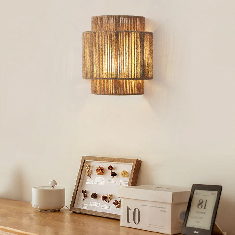 Traditional Japanese Rope Woven Curved Wall Sconce Lamp - 1-Light Design for Living Room Decor