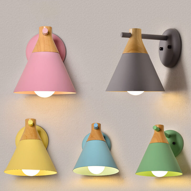 Nordic Solid Wood Macaron Cone 1-Light Wall Sconce Lamp