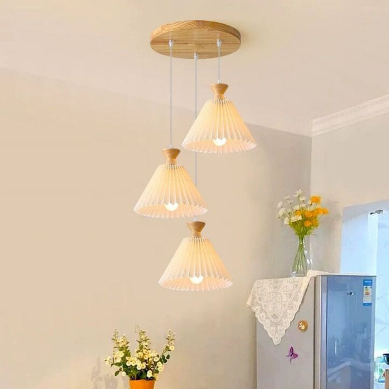 Traditional Japanese Rubberwood Pleated Cone Island Chandelier for Living Room