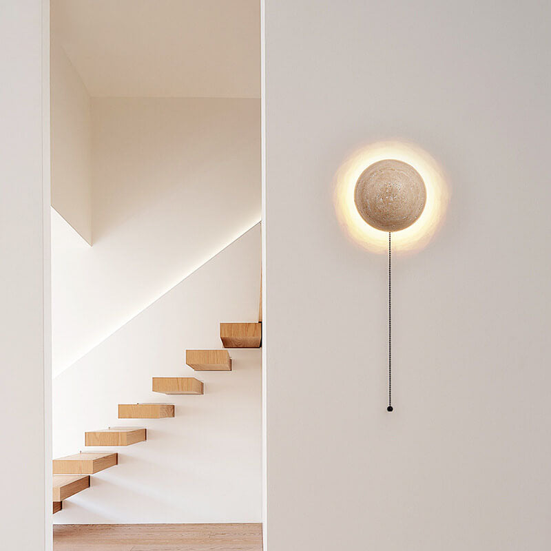 Traditional Japanese Wabi-Sabi Round Yellow Travertine LED Wall Sconce for Hallway